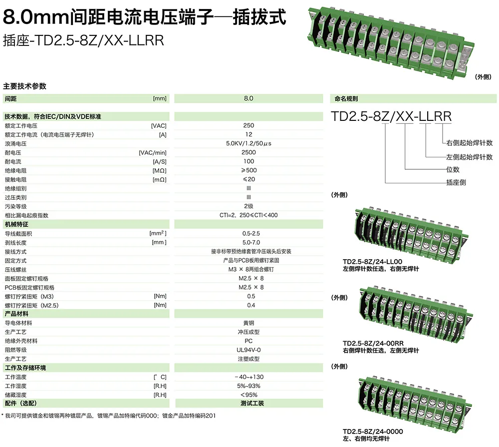 8.0mm间距电流电压端子-插拔式插座TD2.5-8Z/XX-LLRR(图1)