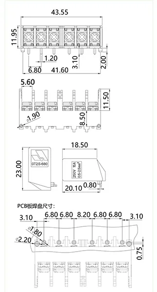 栅板式端子台GT2.5-680-06P(图1)